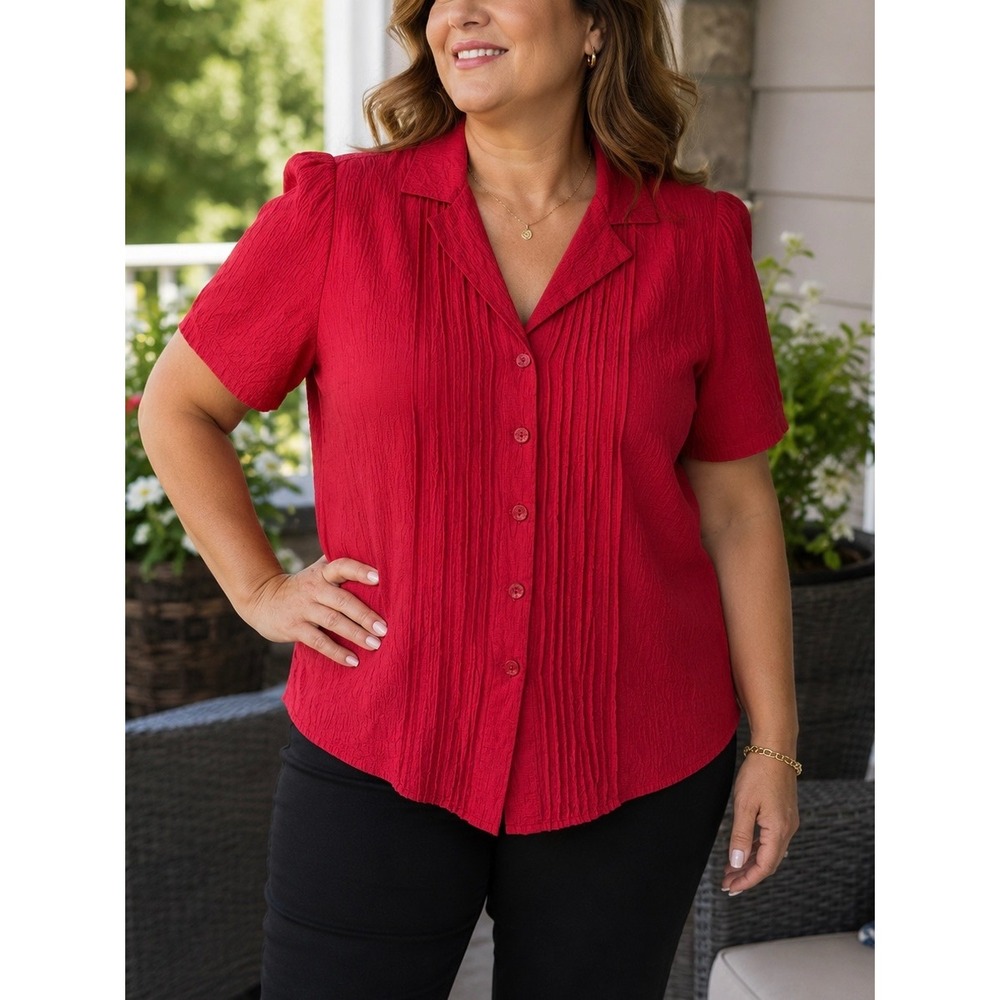 Sag Harbor Red Crinkle Pintuck Blouse Short Sleeve Button Front Rayon Size 12